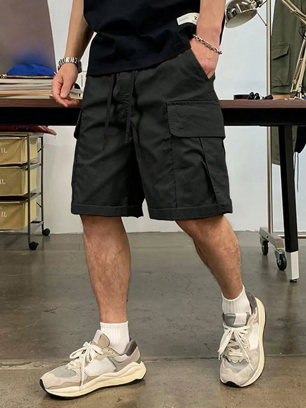 Men's Drawstring Cargo Short Pants, Lightweight Big Flap Pocket Loose Trendy Shorts, Men's Work Pants Outdoors