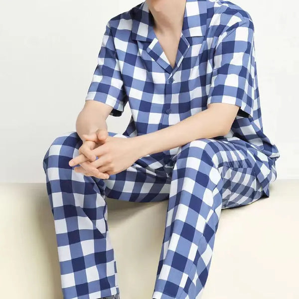 Men's Summer Two-Piece Pajamas Men's Cotton Short-Sleeved Trousers Cardigan Plaid Cool Simple Loose Large Size Homewear Suit