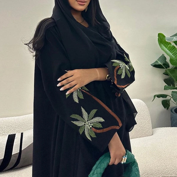 New 2024 Black Casual Open Kimono Abaya For Muslim Women Ramadan Eid Jalabiya Embroidery Long Sleeve African Moroccan Robe