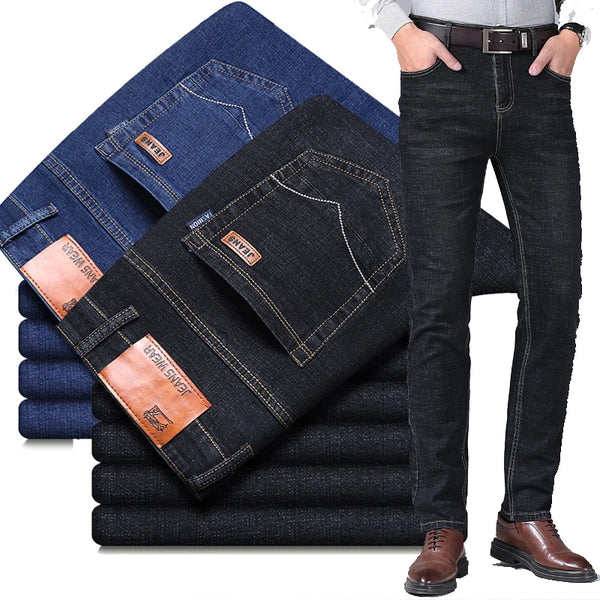 Men's Fashion Jeans Business Casual Straight Tube Loose Fitting Stretch Slim Jeans Classic Trousers Denim Pants Male