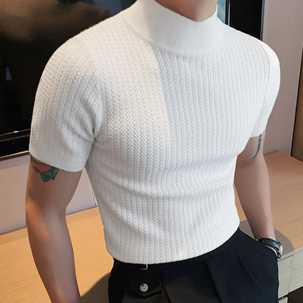 2023 Summer Tight Knited T-shirt Casual Streetwear High-neck Solid Color Short-sleeved Bottoming Tees S-3XL Luxury Clothing