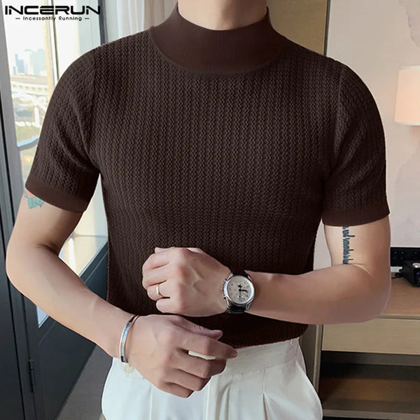 2023 Men T Shirt Solid Color Turtleneck Short Sleeve Men Clothing Fitness Streetwear Korean Style Casual Tee Tops S-5XL INCERUN