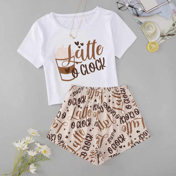 2PCS Casual Coffee Letter Print Pajama Set Short Sleeve Crew Neck Top & Elastic Shorts Women's Sleepwear & Loungewear