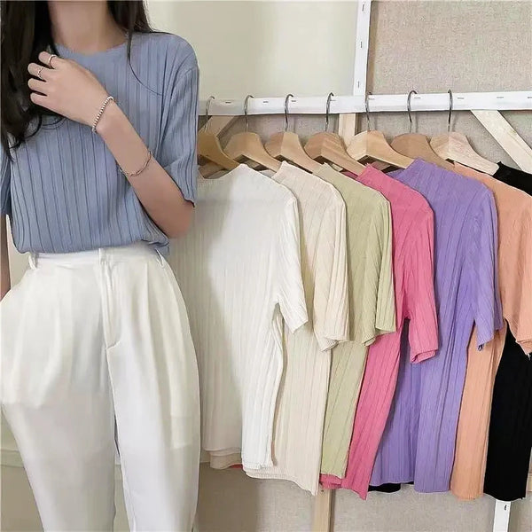 Vintage Ribbed Short Sleeve T Shirt Loose White Korean Fashion Woman Blouse 2023 Summer Female Clothing Free Shipping